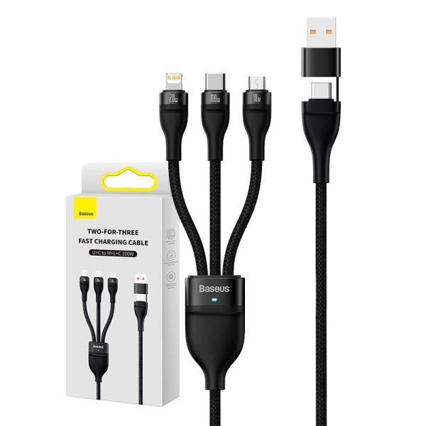 3in1 USB cable Baseus Flash Series 2, USB-C + micro USB + Lightning, 100W, 1.2m (black)