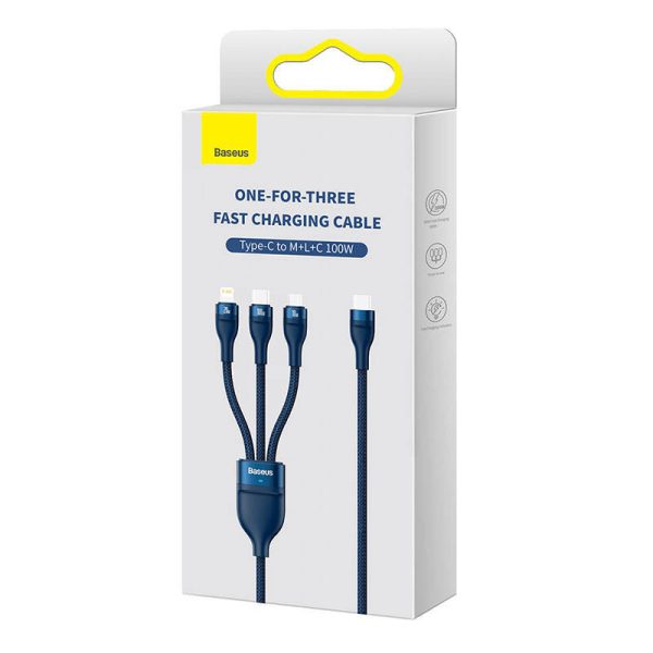 3in1 USB cable Baseus Flash Series 2, USB-C + micro USB + Lightning, 100W, 1.5m (blue)