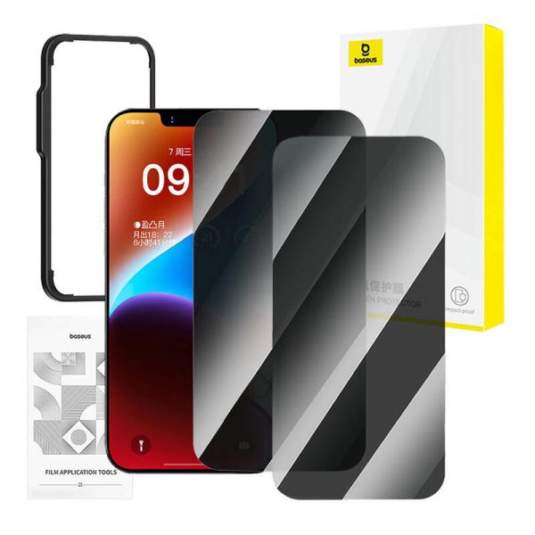 Baseus Superior privacy tempered glass for iP 14 Plus/13 Pro Max +2x cleaning kit and EasyStick