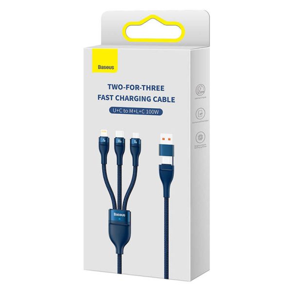 3in1 USB cable Baseus Flash Series 2, USB-C + micro USB + Lightning, 100W, 1.2m (blue)