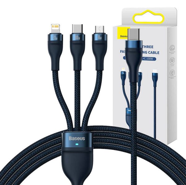 3in1 USB cable Baseus Flash Series 2, USB-C + micro USB + Lightning, 100W, 1.5m (blue)