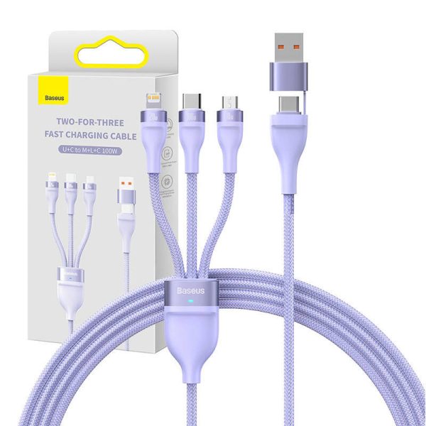 3in1 USB cable Baseus Flash Series 2, USB-C + micro USB + Lightning, 100W, 1.2m (purple)