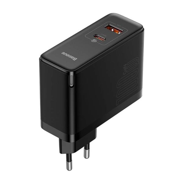 Wall charger Baseus GaN USB-C + USB, 100W + 1m cable (black)