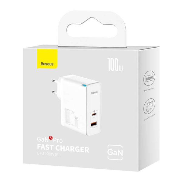 Wall charger Baseus GaN5 Pro USB-C + USB, 100W + 1m cable (white)