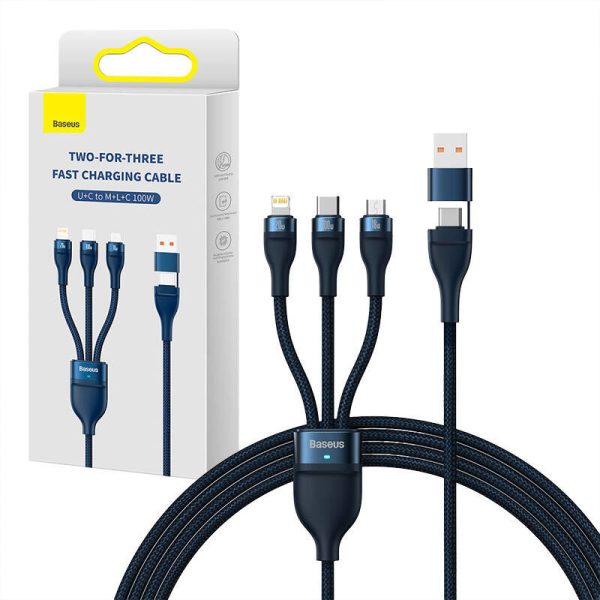 3in1 USB cable Baseus Flash Series 2, USB-C + micro USB + Lightning, 100W, 1.2m (blue)