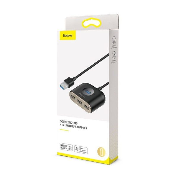 Baseus Vierkant Ronde USB Adapter, HUB USB 3.0 naar 1x USB 3.0 + 3x USB 2.0.1m (Zwart)