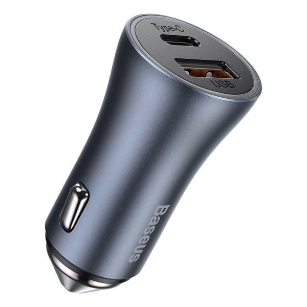 Baseus 40W USB + USB-C Golden Contactor Pro Car Charger with QC4.0+, PD, SCP (Dark Gray) plus Type-C to iP 1m Black Cable