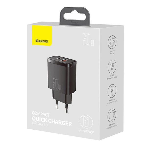 Baseus 20W Quick Charger, USB and USB-C (Black)