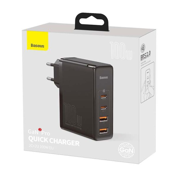 Travel Charger Baseus GaN2 Pro Quick  2x USB + 2x USB-C, 100W, EU (Black)