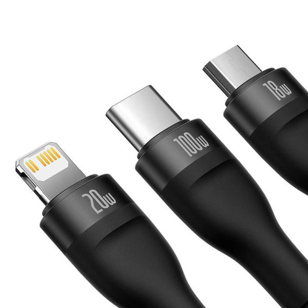 3in1 USB cable Baseus Flash Series 2, USB-C + micro USB + Lightning, 100W, 1.5m (black)