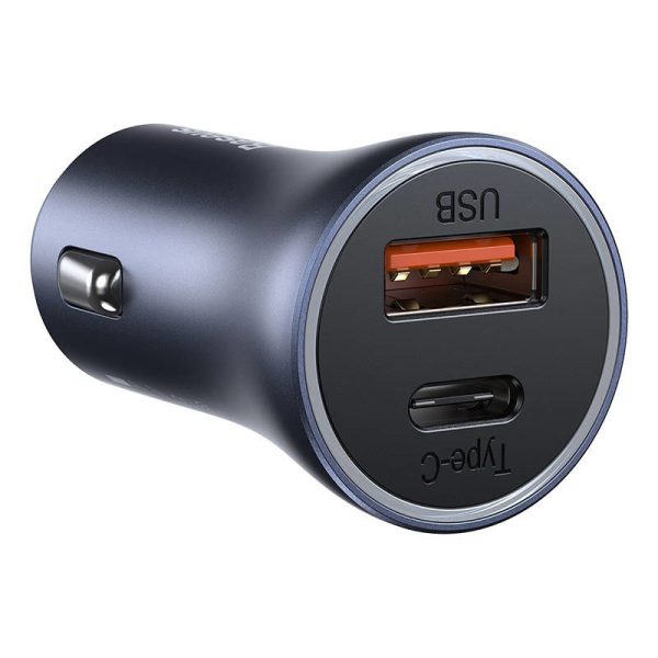 Baseus 40W USB + USB-C Golden Contactor Pro Car Charger with QC4.0+, PD, SCP (Dark Gray) plus Type-C to iP 1m Black Cable