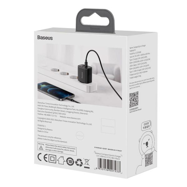 Baseus 20W Quick Charger, USB and USB-C (Black)