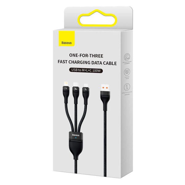 3in1 USB cable Baseus Flash Series, USB-C + micro USB + Lightning, 100W, 1.2m (black)