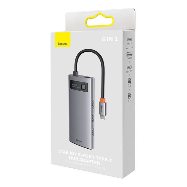 Hub 6in1 Baseus Metal Gleam Series, USB-C to 3x USB 3.0 + USB-C PD +  microSD/SD