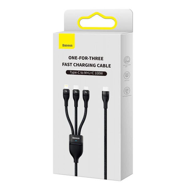 3in1 USB cable Baseus Flash Series 2, USB-C + micro USB + Lightning, 100W, 1.5m (black)