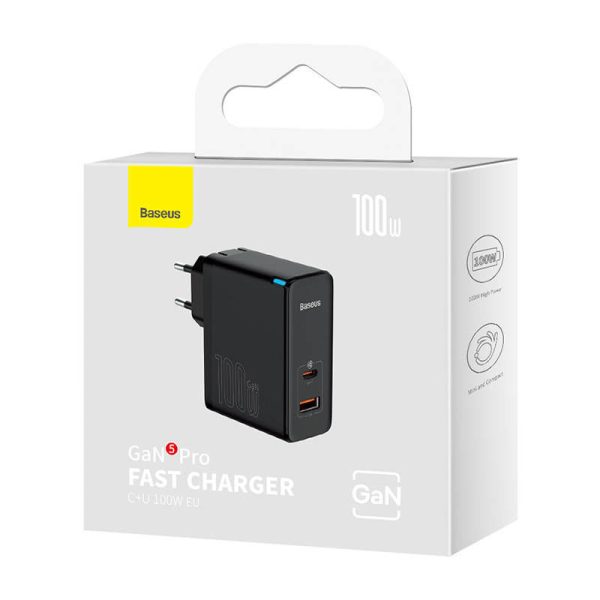 Wall charger Baseus GaN USB-C + USB, 100W + 1m cable (black)