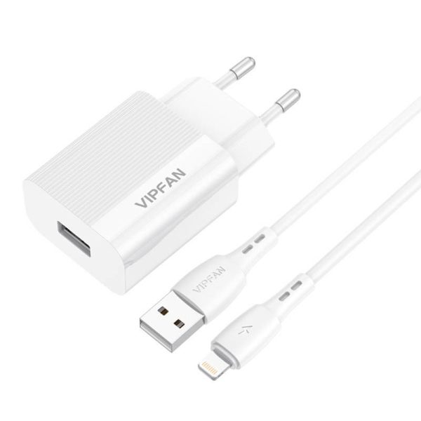 Network charger VFAN E01, 1x USB, 2.4A + Lightning cable (white)