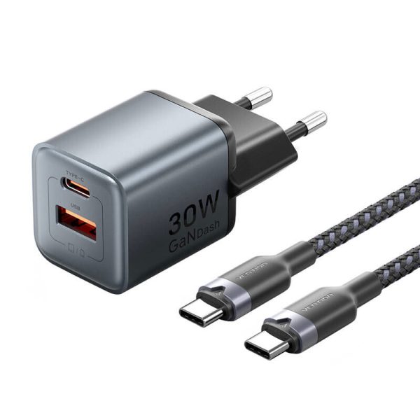 GaN Vention USB-C+A 30W Charger + USB-C-C Cable 1m (Gray)