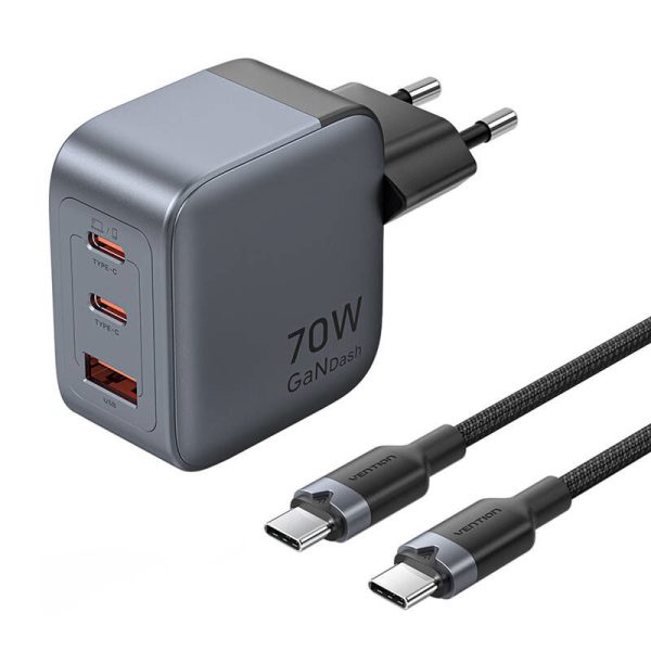 GaN Vention USB-C+C+A 70W Charger + USB-C-C Cable 1m (Gray)